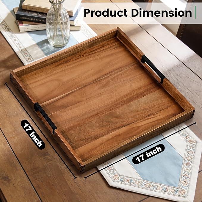 Large Ottoman Tray for Living Room and Coffee Table, Decorative Acacia Wood Serving Tray with Metal Handles for Breakfast in Bed, Dinner Food Kitchen TV (Natural, 17" x 17" x 2")