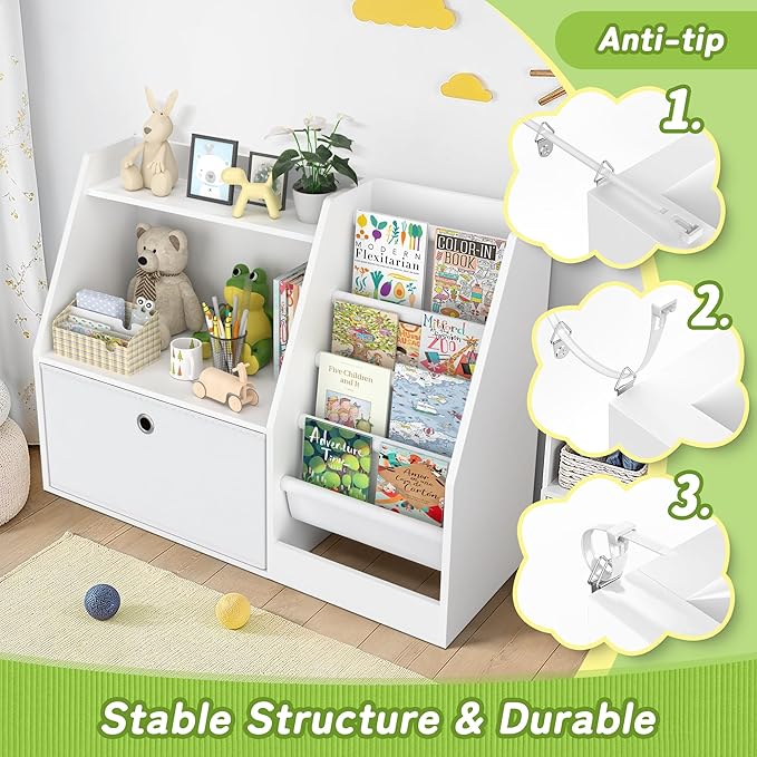 TOETOL Kids Bookshelf,Book Storage Organizer,4 Sling Toddler Wooden Book Shelf,2-Tier Kids Bookcase for Bedroom,Livingroom,Playroom,Nursery-White