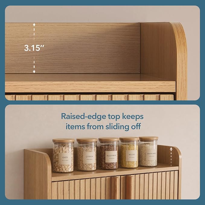 VANIRROR Bathroom Wall Cabinet, 24 x 9.3 x 33 in Wood Finish Wall Mounted Medicine Storage Organizer with Fluted Doors, Raised-Edge Top, Over Toilet Cabinet for Laundry Kitchen