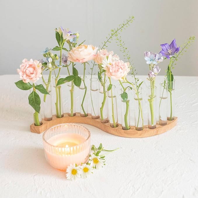 Test Tube Vases for Flowers，Small Plant Propagation Station，S Shape Plant Terrarium with Wooden Stand (Solid Beech)