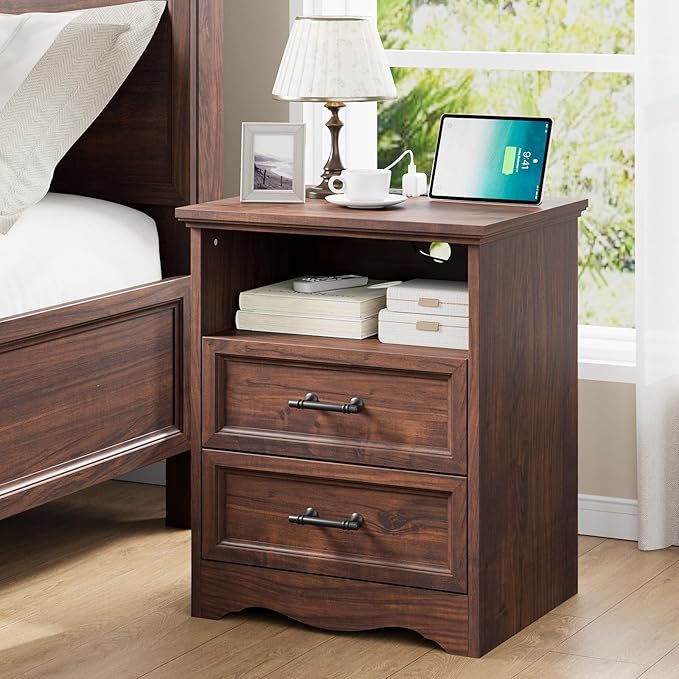 Walnut Nightstand with Charging Station, Farmhouse End Table with 2 Drawers Storage, Wooden Night Stand, Bedside Table with Open Shelf, Bedside Cabinet for Bedroom, Living Room