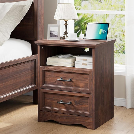 Walnut Nightstand with Charging Station, Farmhouse End Table with 2 Drawers Storage, Wooden Night Stand, Bedside Table with Open Shelf, Bedside Cabinet for Bedroom, Living Room