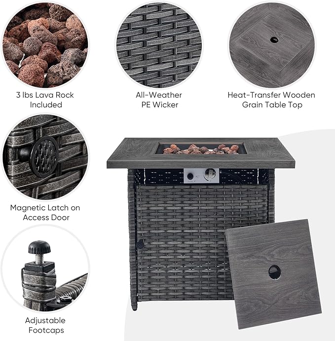 Belord 50000 BTU Propane Fire Pit Table with Lid and Lava Rock, 30 inch Outdoor Firepit Table Wicker Furniture, Square Fireplace Table Perfect for Relaxed Outside Patio Backyard Ambiance, Grey