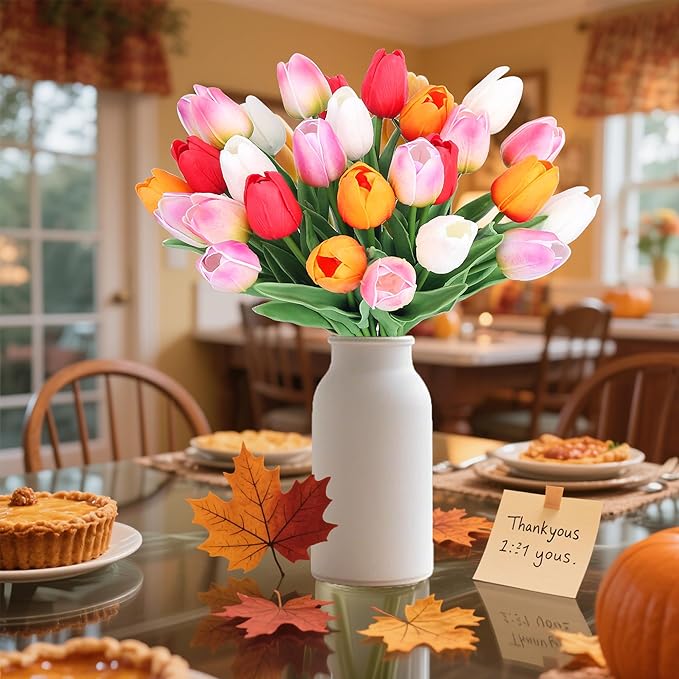 20pcs Tulips Artificial Flowers for Real Touch Fake Tulips Slik Faux Flowers for Summer Wedding Bouquet Mother's Day Decor (5 Color 14 Inches)