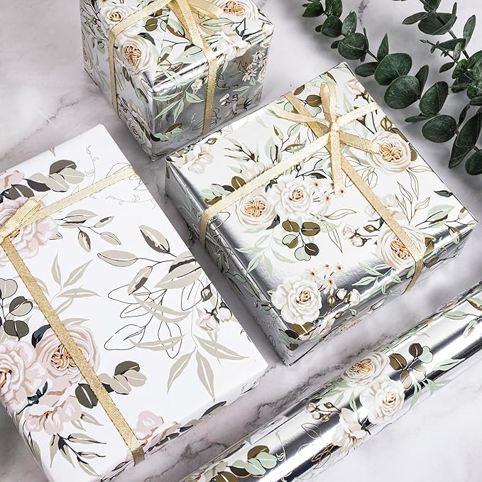 Altarho Wedding Wrapping Paper Roll - 17 Inch x 33 Feet - Silver White Floral with Metallic Foil Design Perfect for Mothers Day Wedding Bridal Shower Spring Birthday Summer