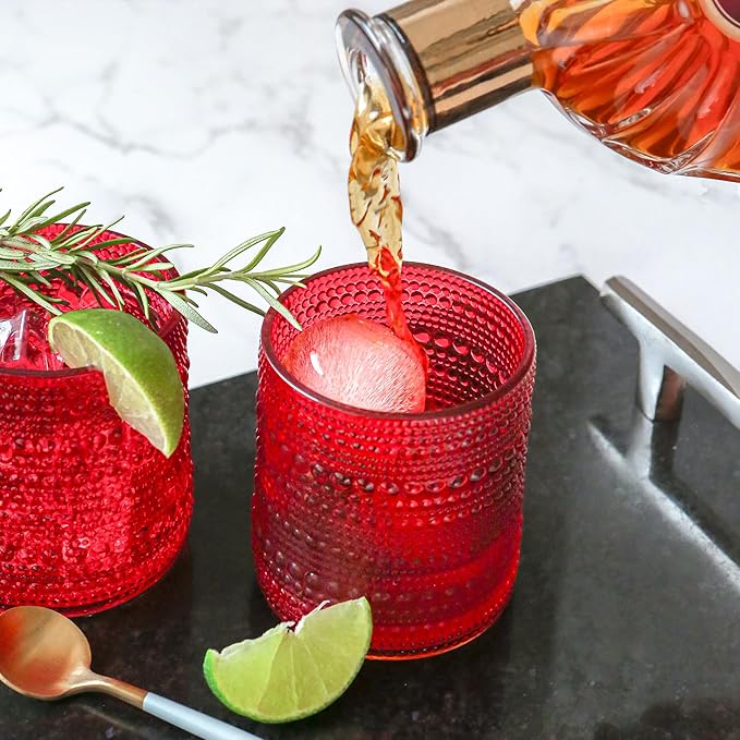 Kate Aspen Retro Arch Floral Red Drinking Glasses Set of 6, 10 oz Vintage Ribbed Glass Cups, Christmas Glassware & Holiday Drinkware, Valentine’s Day & Holiday Hostess Gift