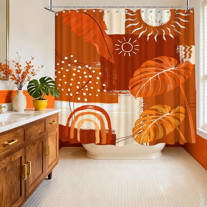 Extra Long Shower Curtain Extra Tall Burnt Orange XL Abstract Tropical Leaf Shower Curtains for Large Bathroom Decor Sets, Waterproof Cloth Fabric with Hooks, 108x72 Inch
