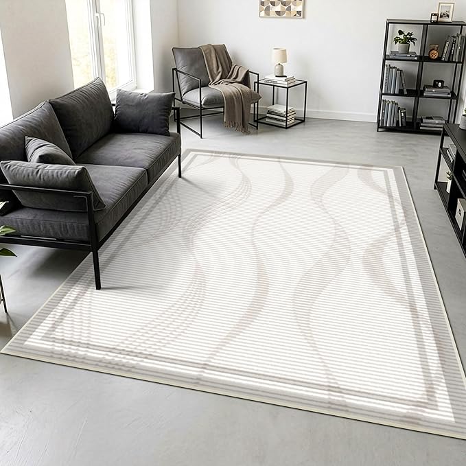 Merelax 5x8 Area Rug for Livingroom Bedroom - Washable Non-Slip Large Area Rug, Indoor Floor Carpet Low Pile Soft Rug for Dining Room, Mudroom, Modern Aesthetic Abstract Geometric Decor,Beige