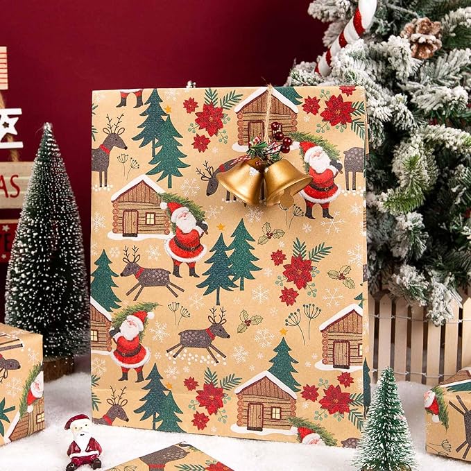 MAYPLUSS Christmas Wrapping Paper Roll - 17IN X 33FT - Kraft Gift Wrapping Paper Featuring Cute Santa Claus Christmas Tree Flower Reindeer Snowflake Reversible Cut Lines for Kids, Holiday, New Year