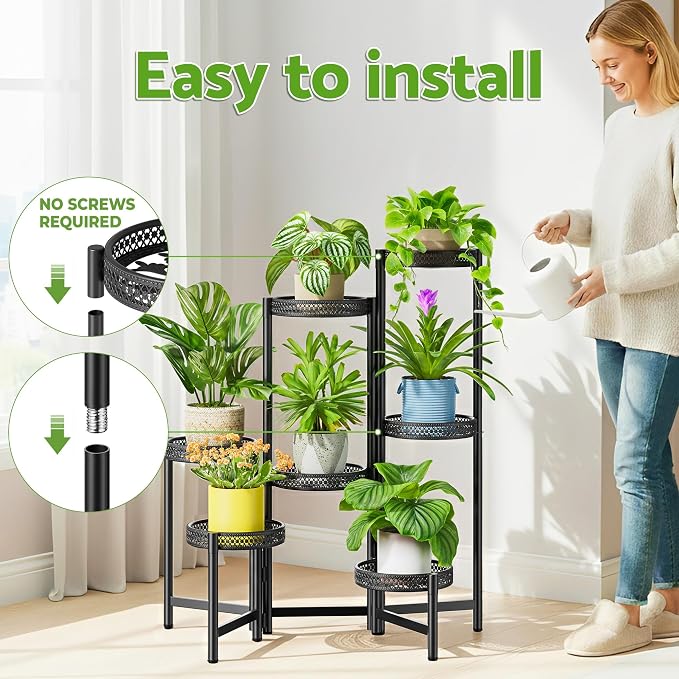 7 Tier Large Metal Plant Stand Indoor Outdoor with 7.9 Inch Wide Tray, Tiered Corner Plant Stand, Flower Display Holder Shelf, Folding Tall Rack for Patio Porch Balcony Living Room Garden - BlackWave