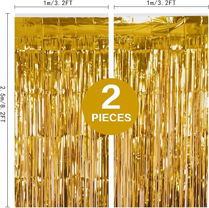 2 Pack Gold Fringe Curtain Backdrop, 3.2Ft x 8.2Ft Metallic Photo Booth Backdrop Tinsel Door Curtains for Birthday Baby Shower Anniversary Christmas New Year Eve Bachelorette Party Decorations