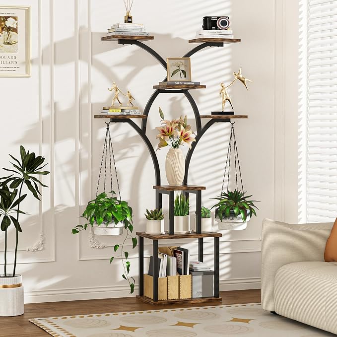 Elbourn 8 Tiered 60" Plant Stand Indoor Shelf with 3 Grow Lights (Brown) | Corner Shelf Decor