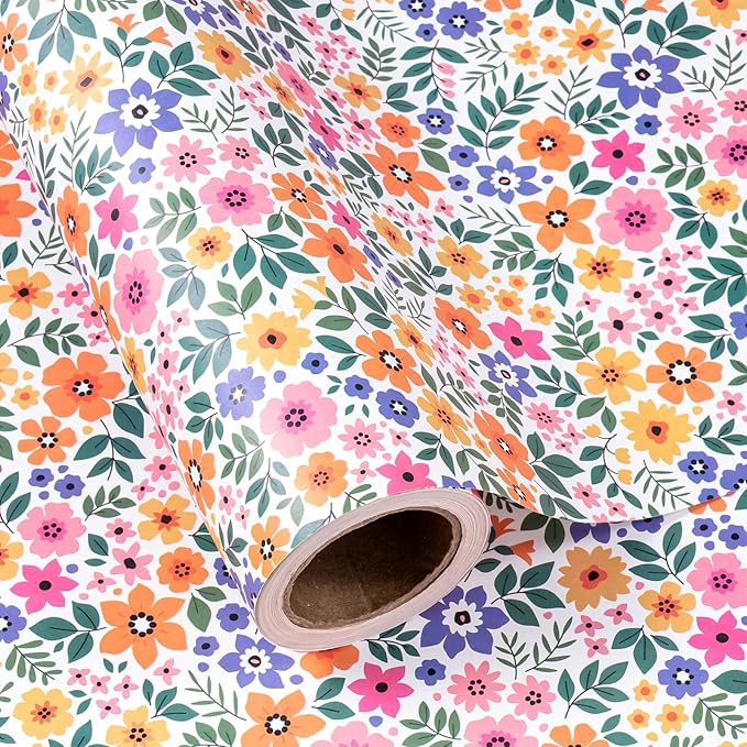 WRAPAHOLIC Kraft Floral Wrapping Paper Roll - Mini Roll - 17 Inch x 33 Feet - Ditsy Flower Wrapping Paper, Perfect for Wedding, Birthday, Bridal Shower, Tea Party