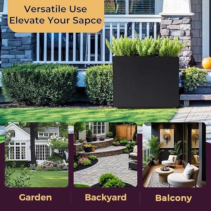Tall & Long Metal Planter with Middle Shelf - 30W x 11D x 24H Black Rectangular Outdoor Planter Box, Span Divider for Garden, Patio, Yard | Easy 5-Min Assembly, Drainage Holes, Adjustable Feet