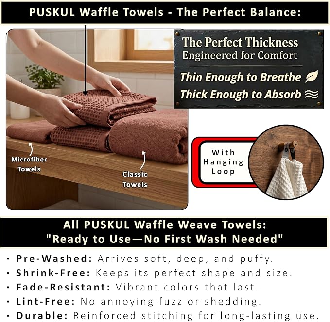 PÜSKÜL Natural 100% Turkish Cotton Waffle Bath Towels Set of 2-Piece | 32x63 inch Extra Large Absorbent Quick-Dry Lightweight Spa Towel | Decorative Guest Towel (Red Brick Bath Towels - Pack of 2)