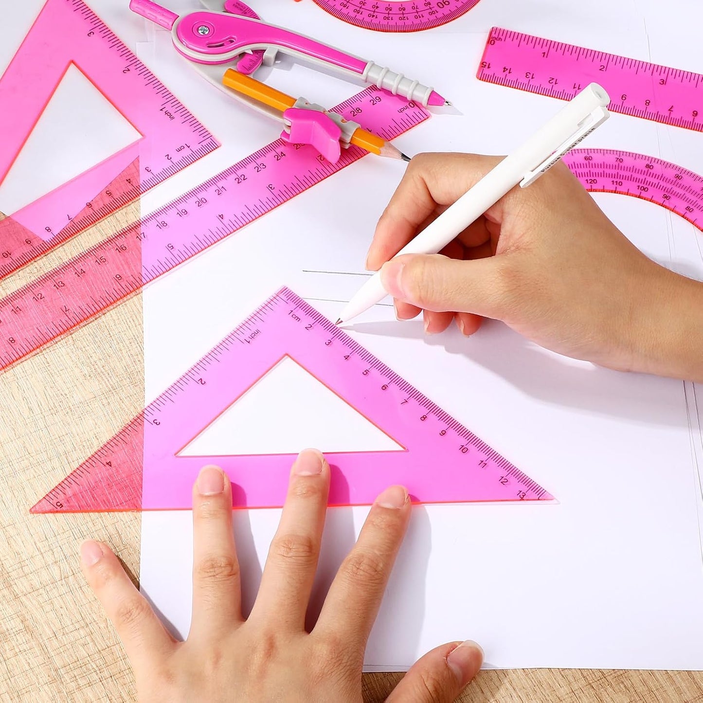 Zonon Geometry Math Set - 7-Piece Plastic Kit with Protractor, Compass, Rulers | Pink