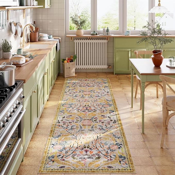 AMTOVO 2.7x8 Runner Entryway Rug for Hallway, Washable Non-Slip Long Kitchen Carpet, Floral Vintage Distressed Floor Mat for Hallways Bathroom Laundry Room Farmhouse, Golden Yellow