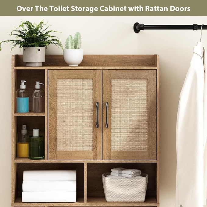RUSTOWN Rattan Over The Toilet Storage Cabinet,Boho Over Toilet Bathroom Organizer with 2 Doors & Adjustable Shelves,Modern Above Toilet Rack with Toilet Paper Holder for Bathroom (Rustic Oak)