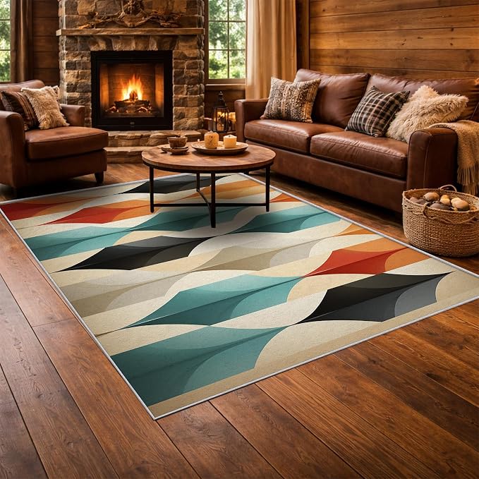 Mid Century Modern Area Rug 8x10, Washable Non Slip Low Pile Abstract Geometric Carpet for Living Room Bedroom Dining Room, Contemporary Retro Accent Rug, Ivory Teal Orange Black