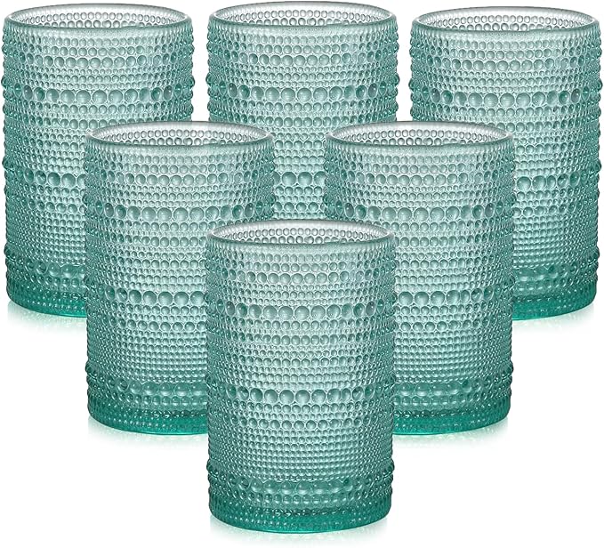 ZMOWIPDL Vintage Glassware Drinking Glasses Set of 6,15 oz Hobnail Glass Cups,Embossed Lake Blue Water Tumbler,for Beer,Cocktail,Whiskey,Juice and Various Mixed Drinks- 1 Cleaning Brush