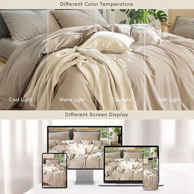 MooMee Bedding Duvet Cover Set 100% Washed Cotton Linen Like Textured Breathable Durable Soft Comfy (Heathered Taupe, Super King 108"x98")