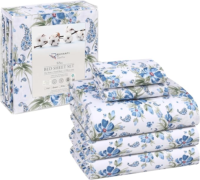 RUVANTI 100% Cotton Split King Sheets Sets for Adjustable Bed, 5 PCs, Soft & Breathable Percale Weave Bedding, Deep Pocket 16", Hotel Standard, Crisp Cool Feel & Durable, Floral Sheet, Paislyona