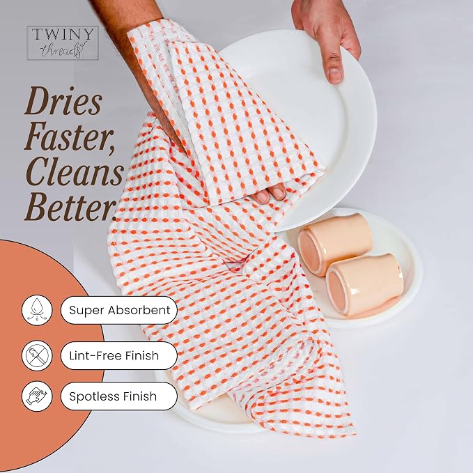 TWINY threads Waffle Dish Towels 4 Pack, 100% Cotton 16x26 Kitchen Hand Towel Pack, Highly Absorbent & Quick Dry Dishcloth Set for Drying Dishes, Cleaning Counters & Everyday Use, Orange, White