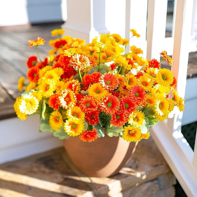 HyeFlora Dahlia Artificial Winter Flowers for Outdoors Christmas Decoration, 6 Bundles Fake Daisy Faux Plants Realistic UV Resistant Silk Flowers for Outside Planter Yard Garden Home, Orange Yellow