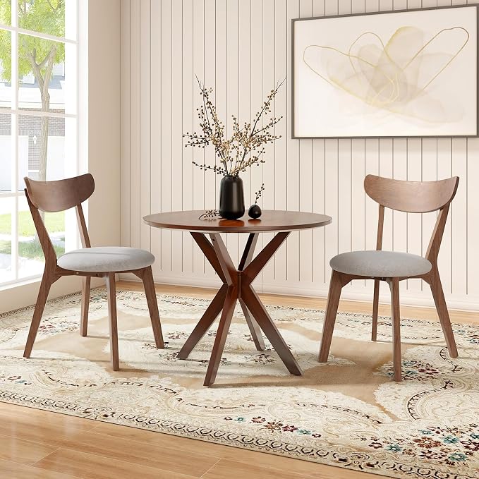 ERGOMASTER 3-Piece Dining Table Set for 2, 36" Kitchen Round Table with 2 Chairs, Rubber Wood Legs, Brown