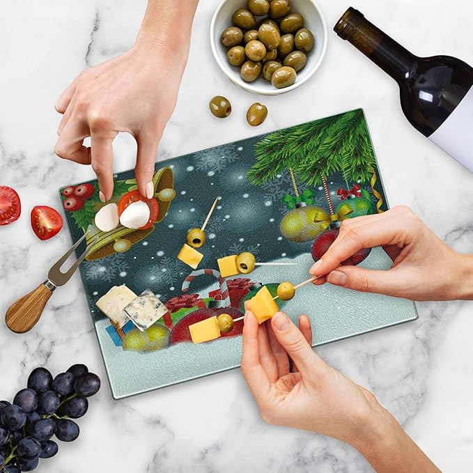 Ambesonne Christmas Cutting Board, Words Print with Original Celebration Objects with Presents and Candies Image, Decorative Tempered Glass Cutting and Serving Board, Small Size, Grey Yellow