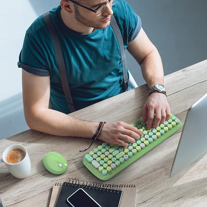 Wireless Keyboard and Mouse Combo, MOWUX - Modern Compact Layout, Colorful Compact Candy Mouse and Retro Round Keyboard Set with Cover, for PC/Laptop/Windows/Mac - Green Colorful