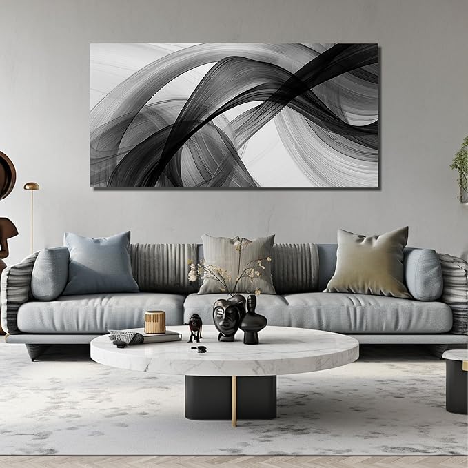 JuhaiArt Abstract Wall Decor Minimalist Black Picture Art White Canvas Wall Art for Living Room Office 29" x 59" Large Modern Poster Artwork