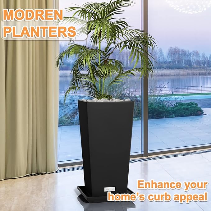 Elevens Outdoor Planter Larger Flower Pots Indoor Taper Garden V-Shape Tall Planters 30 inches Garden Pots Planter with 2 Trays - Black（2 Packs）, 30"-2 Pack (USAM004)