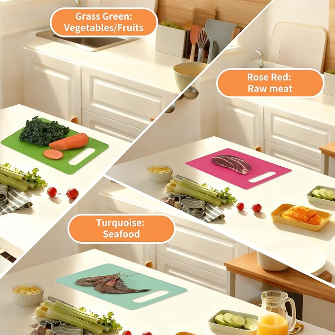 Kitchen Cutting Board Set of 6, Plastic Cutting Boards with Easy Grip Handle for Kitchen Cooking, Non Slip Cutting Mat Pad for Meat, Fruit, Vegetables, 12 Inch by 8 Inch