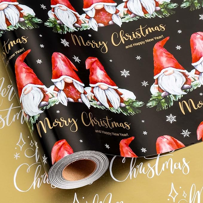 MAYPLUSS Christmas Wrapping Paper Roll - 17IN X 33FT - Gnome Gift Wrapping Paper Featuring white Snowflake Against black Reversible Merry Christams for Kids, Holiday, New Year