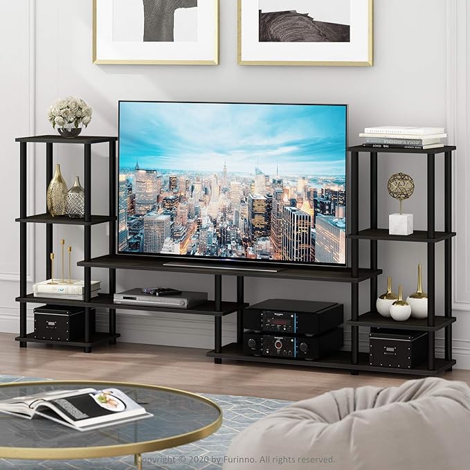 Furinno TURN-N-TUBE TV Stand, Wide Open Frame Entertainment Center with Open Shelves Storage, TV Console with Tall Side Shelves for TV up to 48 Inch, for Living Room, Bedroom, Espresso