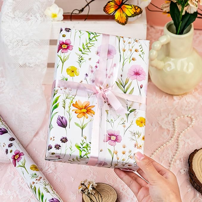 Burymento Flowers Wrapping Paper, Reversible Wave Point Gift Wrap for Birthday, Valentines, Mothers day, Graduation, Wedding, Fathers day, Baby Shower, Christmas (17in x 16.4ft)