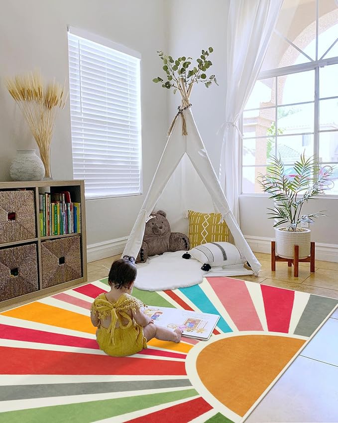 STARUIA Kids Rug 5'x7', Boho Washable Rainbow Nursery Rug, Non-Slip Soft Carpet for Playroom, Classroom, Office, Dining Room