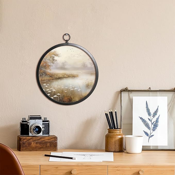 XIAOAIKA Vintage Wall Art with Metal Frame, Round Wood Print Featuring Foggy Lake and Trees, Boho Wall Decor for Living Room, Bedroom, Kitchen, 10 Inch