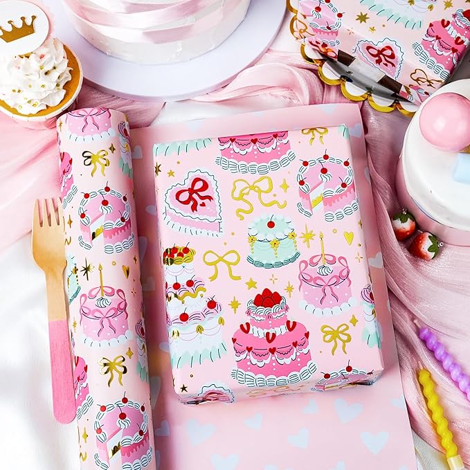 Homeral Birthday Cake Wrapping Paper Roll - Pink Cakes with Gold Metallic Foil & Heart Pattern, Reversible Gift Wrap for 1st Birthday, BABY Shower, Party - Mini Roll - 17 Inch x 33 Feet