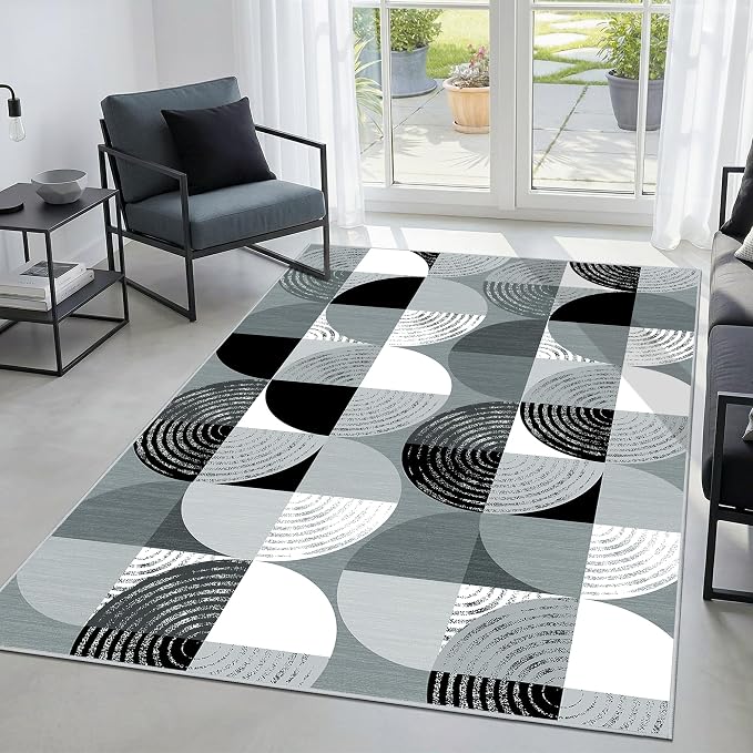 Merelax Large 4x6 Geometric Entryway Rug Indoor - Washable Non-Slip Low Pile Soft Area Rug for Entrance, Kitchen, Mudroom, Office, Modern Aesthetic Abstract Decor Thin Carpet, Black/Grey/White