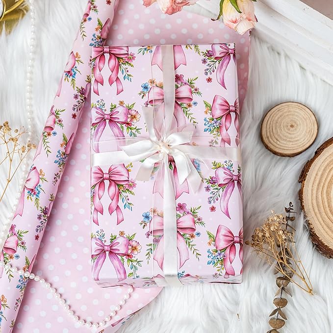 Burymento Pink Bow Flower Wrapping Paper, Reversible Wave Point Gift Wrap for Birthday, Valentines, Mothers day, Graduation, Wedding, Fathers day, Baby Shower, Christmas (17in x 16.4ft)