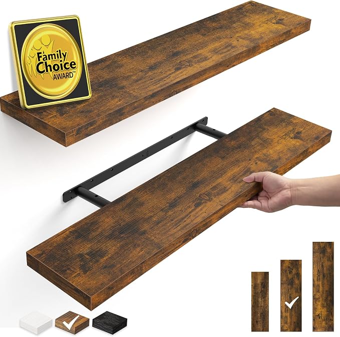 BAYKA Floating Shelves Set of 2, 35.4 inches Long Wall Mounted Rustic Wood Shelves for Bathroom, Bedroom, Living Room, Kitchen, Office, Hanging Shelf for Books/Storage/Decor, Rustic Brown
