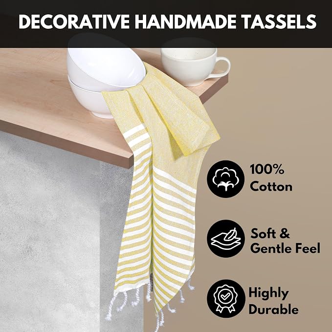 Turkish Kitchen Towels 18x26 Inches with Tassels - 4 Pack - Ultra Absorbent, Durable, Soft 100% Cotton Dish Towels for Drying & Cleaning - Machine Washable, Quick-Dry - Lemon Yellow