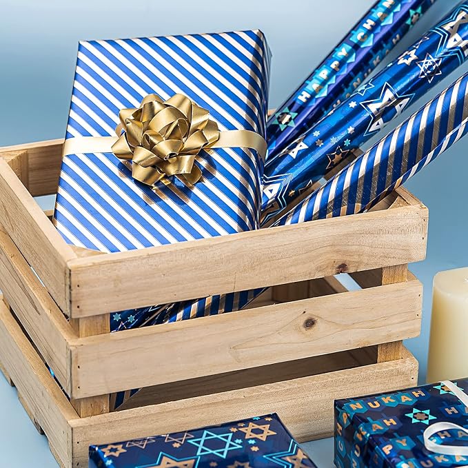 MAYPLUSS Wrapping Paper Roll - Mini Roll 17in *120in Per roll 3 Rolls Gift Wrapping Paper Hanukkah Design,Menorahs, Star of David, Letter Hanukkah for Chanukah Celebration (42.3 sq.ft.ttl)