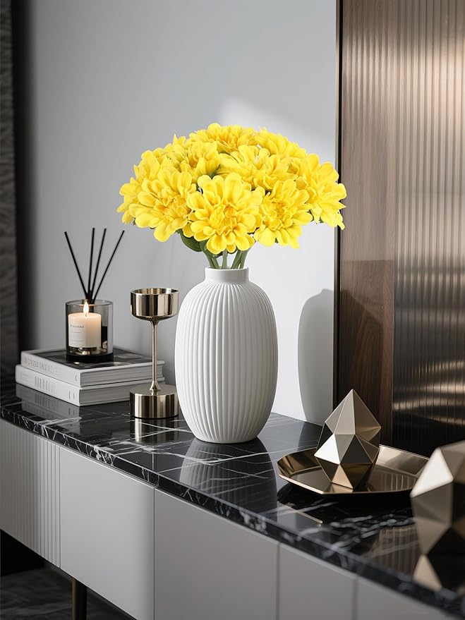 IPOPU Faux Chrysanthemum Flowers 10pcs PU Dahlia Flowers 13inch Artificial Yellow Chrysanthemum Flower Fake Mums Flower for Home Wedding Office Table Centerpiece Floral Arrangement Decor(Yellow)