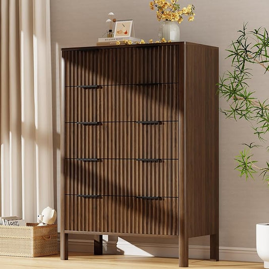 47" Tall Dressers for Bedroom Fluted 5 Drawer Dresser, Wooden Dresser Modern Chest of Drawers Dressers with Organizer Storage for Bedroom, Living Room, Entryway, Walnut