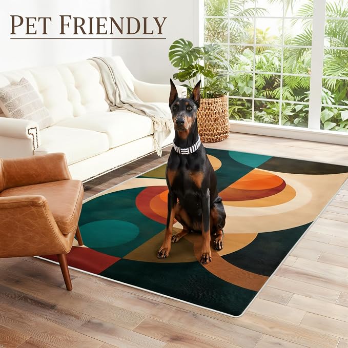 Mid Century Geometric Area Rug 4x6 – Retro Abstract Circle Pattern Rug for Living Room & Bedroom, Low Pile Washable Indoor Rug with Non-Slip Backing