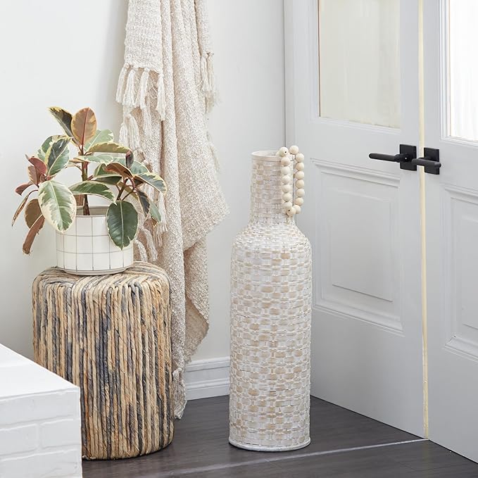 Deco 79 Bamboo Wood Decorative Vase Tall Woven Floor Centerpiece Vase, Vase for Home Decoration 9" x 9" x 30", White