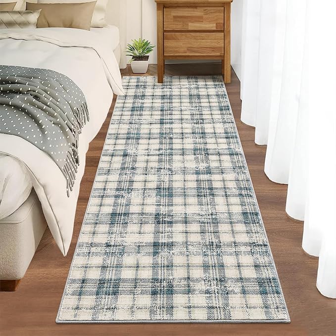 Washable Rugs Runner Rug 2x6 Modern Plaid Area Rug Soft Carpet 2'x6' Green/Beige